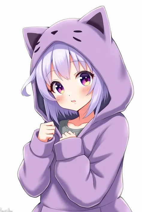 Take a  one a little sideways looking at the camera, With a purple kitten hoodie and a purple burrow,  The Sweatshirt Covers Half The Arm .  Put On Not So Long Hair , But Let It Be Light Purple ,  Purple And Yellow Eyes ,  And A Gray Blouse Under , Cartoon...