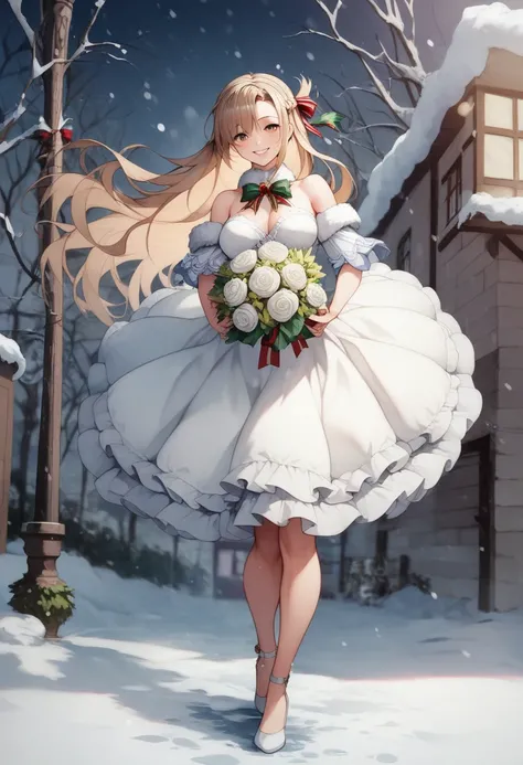 (​masterpiece、top-quality、illustratio、Extremely high quality、high-level image quality、Extremely sensitive writing)Girl with long silver hair standing in beautiful flowery garden、A slight smile、She has a large bouquet、Cute national costume style dress with ...