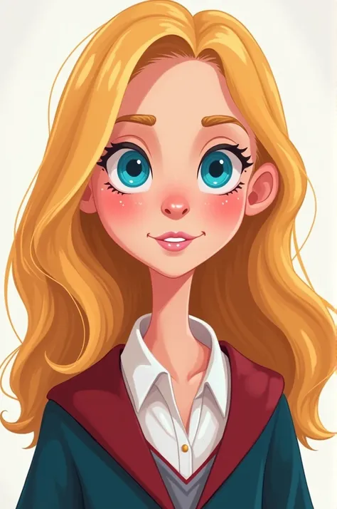  Hermione Granger cartoon , Shoulder-length blonde hair,  very white skin ,  big blue eyes  