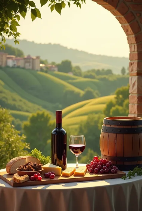 A background image combination which contains wine bottle with wine barrel and glass with vintage look  with variety of foods with land scape posotion