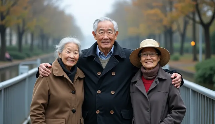 Realistic style, upper body of a 70-year-old Taiwanese man and two 70-year-old women, the man in the middle is wearing a black cotton coat, the women are wearing cotton coats, and one woman is wearing a cotton hat, all have gray hair, they smile at the cam...