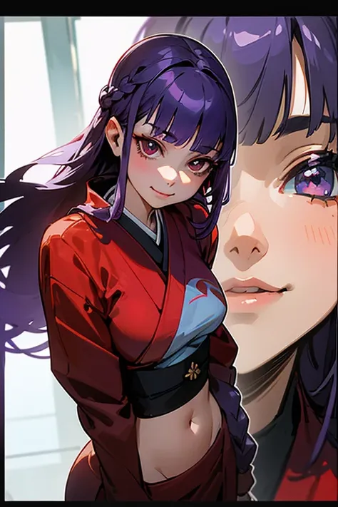  1 girl, blunt bangs,  braiding , Wide sleeves,  hair ornament ,Obi says, (Purple Hair:1.2),  long hair ,  straight hair ,  A high school girl gets her butt grabbed on the train while watching the audience ,   very detailed background , ( realistic :1.2), ...