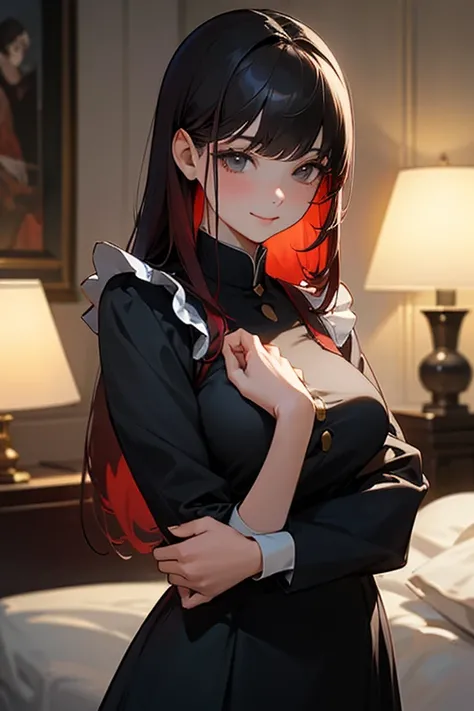 (  highest resolution,   clear  _image)  top quality, single,   one woman, Alone, masterpiece,   very detailed with crimson hair,   semi-realistic  ,   black hairのショートヘア,   black hair, bangs, 18 years old,   mature, light blue uniform, uniform, indoor back...