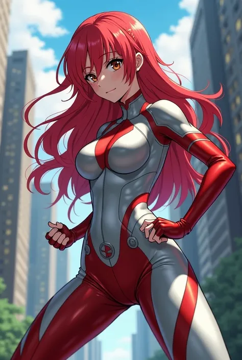 My Hero Academia Style , Anime girl, female, young female ,Full Body Shot,(fighting stance:1.3),Long hair, Red Hair,  Brown Eyes,Hero Suit, Full Body Suit, Silver suit with Red details,perfect anatomy,  Toughened Abs,super detailed,(Buildings:1.2）