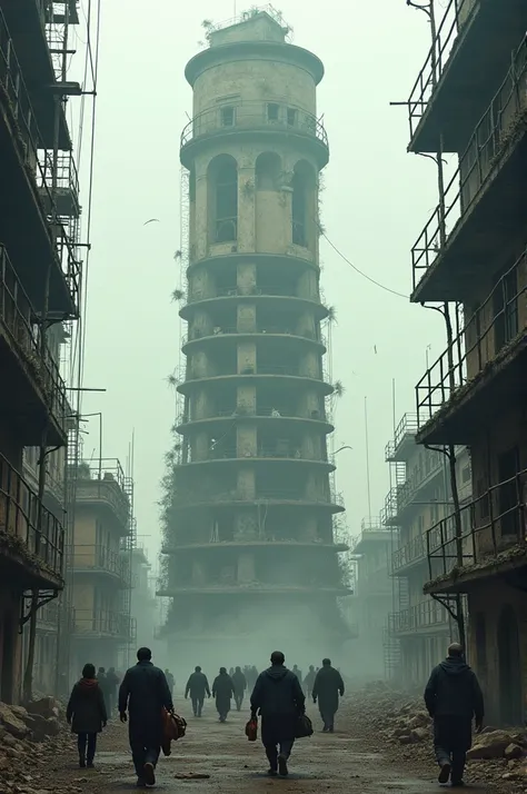 A panoramic view of the crumbling tower surrounded by desolate scaffolding. Groups of people are seen walking away in different directions, carrying their belongings. Wide shot. Hyper-realistic, photo realism, cinematography --ar 9:16