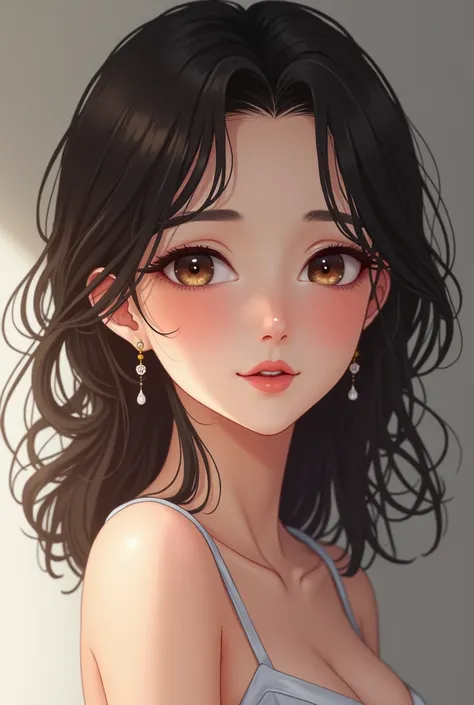 Generate a woman anime that has full lips shape, brown black hair color, soft jawline, Hard angled eyebrows medium, almond eyes shape, rounded tip nose, heart face shaps, color black eyebrow, natural pink lips, fair skin, medium hair, Stunning, Gorgeous, c...