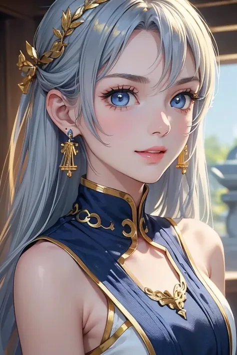 (masterpiece: 1.2,  top quality), ( actual photo ,  intricate details), 1. woman, Alone, Casual upper body,  shoulder-length hair , minimal makeup, Natural materials, , Home, Grey Hair,  blue eyes, Bare shoulders、 smiling while showing teeth、((Race Attire)...