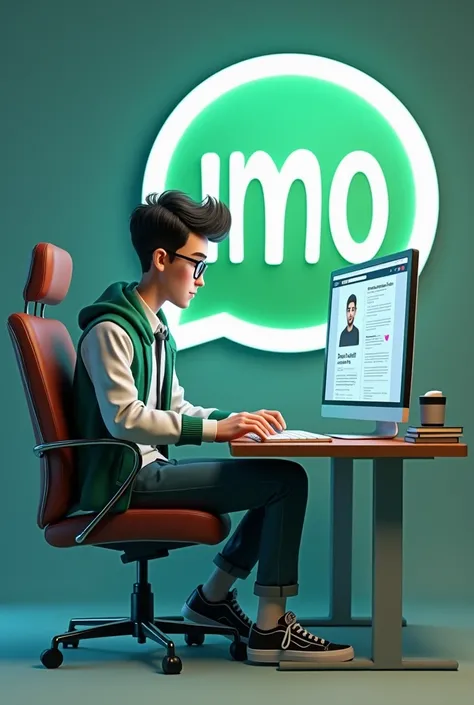 Create a 3D illustration featuring a realistic 18 year-old beautiful young boy busy to writing a coding on a chair in front of a 3d logo of imo. The character should have green and white pant coat tie ,with Sneakers shoes, with glasses,The background of th...