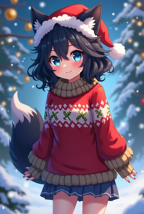 Make a werewolf with a tail curly hair black and blue eyes shes dressed as Christmas anime version 