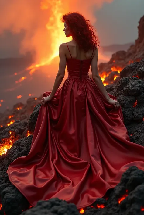 Jeune femme sexy avec une poitrine généreuse habillée avec une robe en cuir rouge.  Cheveux rouge. Elle est etendue sur un volcan en éruption 