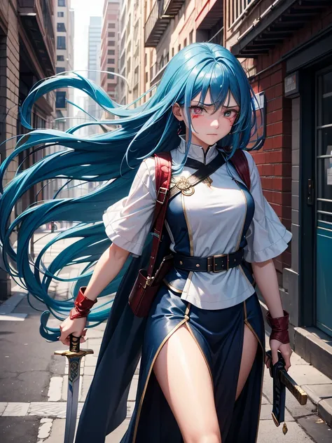  long hair ,  High resolution,  winked blue hair, Tears, 
Woman crying on urban streets Red eyes, walking with his sword in his hand 