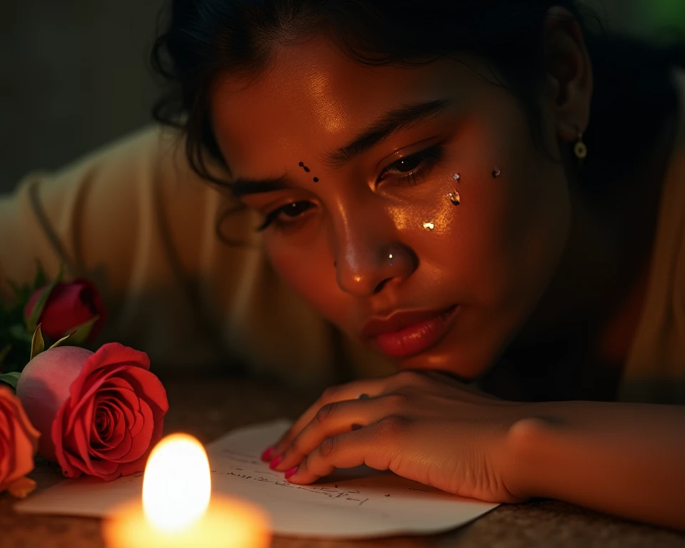 A close-up of a beautiful Sri Lankan women, tears streaming down her face as she writes a heartfelt poem. highlight tears on her face. Her head rests on the paper, smudging the ink with her tears, conveying deep sorrow. A flickering candle on the table cas...