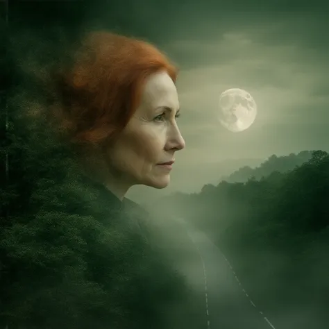 A collage of realistic photos containing a forest, a portrait of a fifty-year-old woman with red hair, a moon, a road and clouds 8K, realistic, cinematic