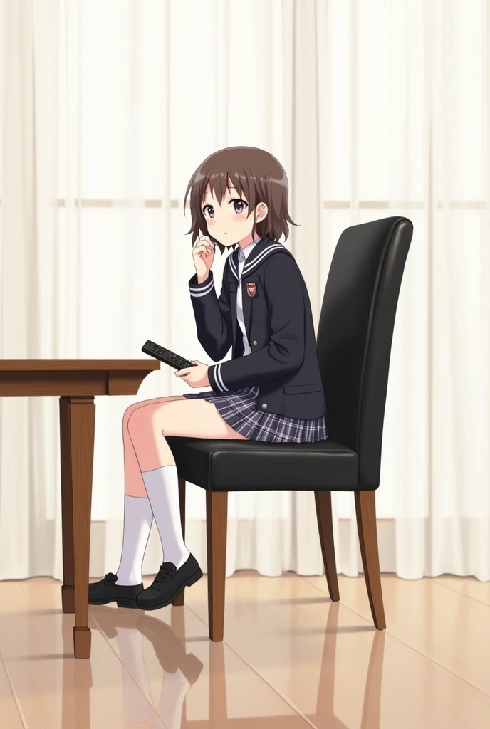 An anime-style illustration of a girl sitting on a dining chair and backrest, black leather and wooden legs..  She wears a school uniform that includes a dark jacket and a plaid skirt ,  while holding a black television remote control in her hands .  The b...