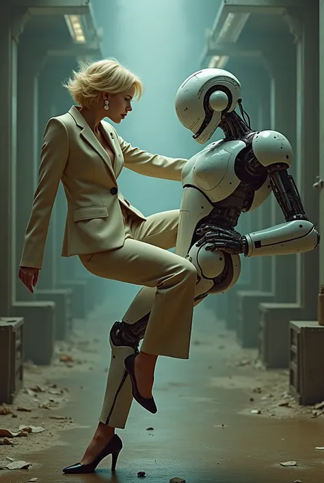 Femme mignonne et attirante. 40 ans, femme daffaires en tailleur beige. boucles doreilles en perles noires. talons. petit sein. cheveux blonds courts. Surprise face. Ring nose piercing. In a broken laboratory. Fighting and kicking a woman cyborg . Angry.