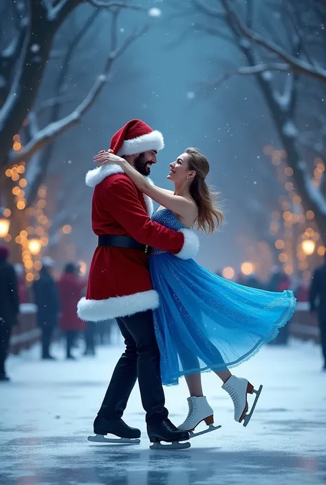 This scene depicts ice dancing. The male figure is in his early 30s, dressed in a Santa costume with a red jacket and white fur trim. The female, in her late 20s, wears a cobalt blue figure skating dress adorned with sparkling beads. He is elegantly liftin...