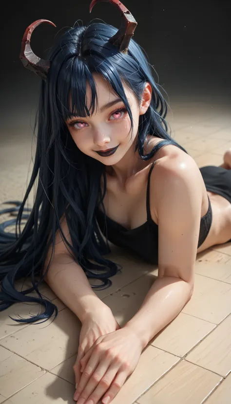 (zPDXL2), (PonyXLV6_Scores), source_anime, Expressiveh, full body shot, BREAK
lhata4564, d3t41l3d,
Inccubus, dark blue hair, very long hair, long est hair in the world, small tiny horns, pink eyes, black lips, smiling, laying on the floor