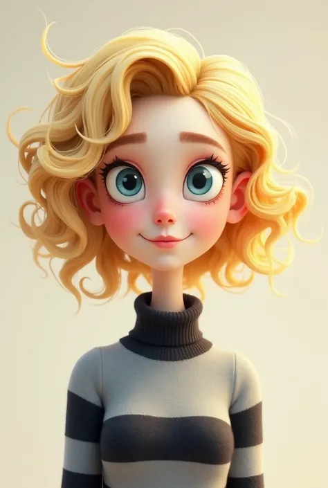  Slim pretty woman cartoon with red cheeks, short light yellow curly hair with long curls,  very white skin , big light blue eyes , ,  gray turtleneck sweatshirt with black stripes