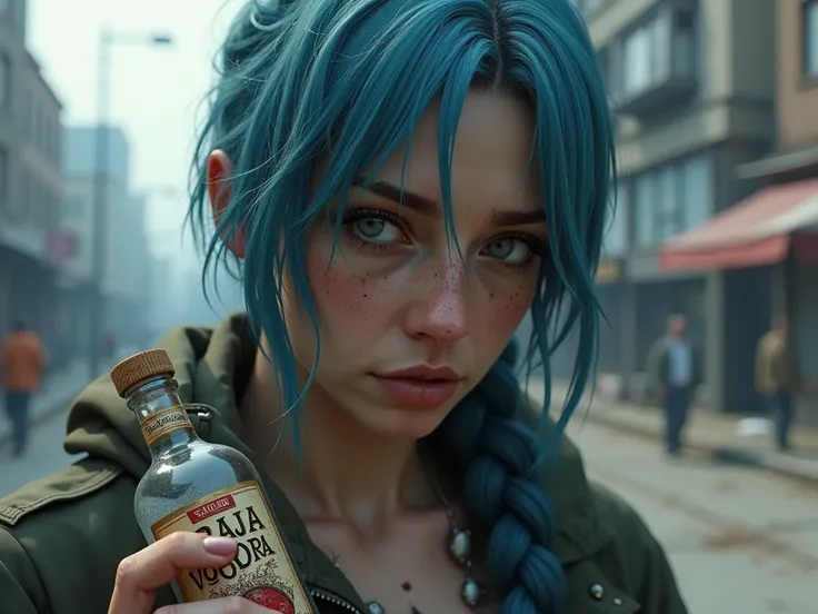 woman, blue hair, Braid, white, beautiful, ex-military , Holding a vodka bottle ,  a post-apocalyptic city,  Roupa Suja, facial dirt , survivor, tired,  expression of defeat, Burnt left face, City GTA V