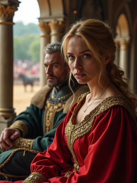 Beautiful blonde woman in red and gold clothing, 11th century England fashion, standing in the English royal chamber, her face has an angry and bitter expression, her hair is tied with a golden ribbon, she sits in the royal loggia next to the king Richard ...