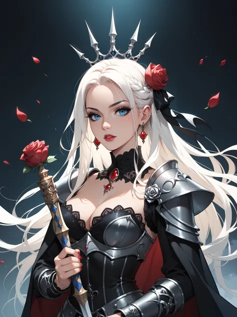 Beautiful Vampire Queen holding an ornate sword, long white hair, gothic style, roses in hair, dark black eyelashes, blue eyes, beautiful ornate armor, digital illustration, glitter