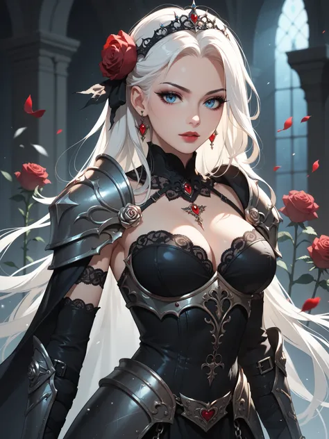 Beautiful Vampire Queen holding an ornate sword, long white hair, gothic style, roses in hair, dark black eyelashes, blue eyes, beautiful ornate armor, digital illustration, glitter