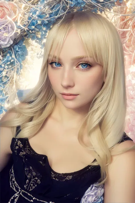  A blonde with blue eyes and long blond hair poses for a photo,  High quality portrait,  photographic photo,  extreme detail ,  masterpiece fails,  detailed hair 