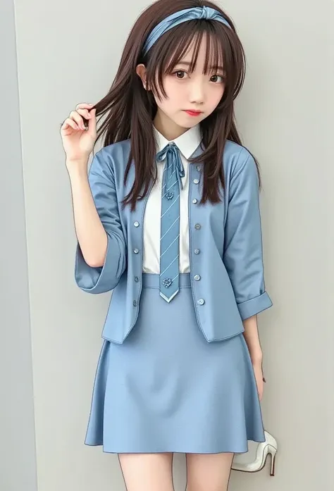 Brown Hair、  long hair、bangs、ribbon、  sad face、red eyes、 Full body image reflecting full body style、Regular milk、  thin waist 、Bare legs、 Wearing a suit、 light blue jacket,  collared shirt  、  white shirt、  blue tie,belt,  Light Blue Tight Skirt ,white hee...