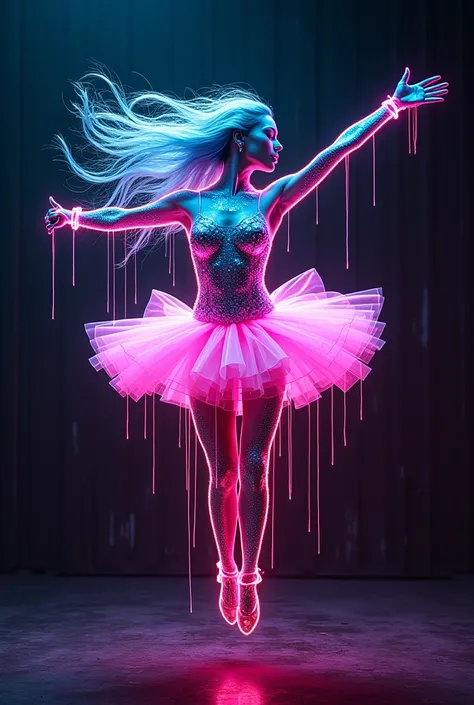 digital dynamic colourful light art performance full-body silver metal airbrushed painting of an unreal female dancer from profile, against a black metal canvas with neon drippings. she has long, floating, glowing neon pink and light blue hair. she is wear...