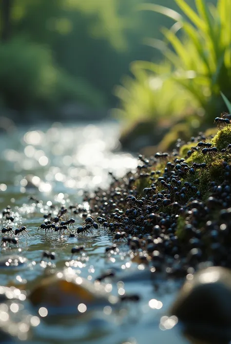 Black ants run helplessly along the stream