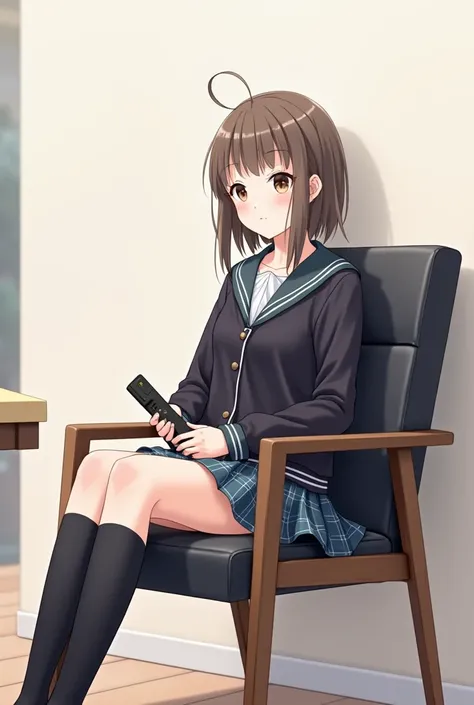 An anime-style illustration of a teenage woman sitting on a dining chair and backrest, black leather and wooden legs..  She wears a school uniform that includes a dark jacket and a plaid skirt ,  while holding a black television remote control in her hands...