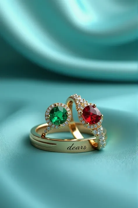  A pair of couple wedding rings with green and red emerald stones is very beautiful and nice,  is blue fabric and there is an inscription  " DEARS  "