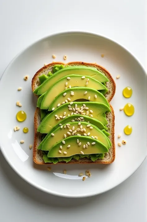 A beautifully plated avocado toast with thin slices of avocado neatly arranged on a slice of whole-grain bread. Add a sprinkle of sesame seeds and a drizzle of olive oil, with a minimalistic white plate and a clean background.