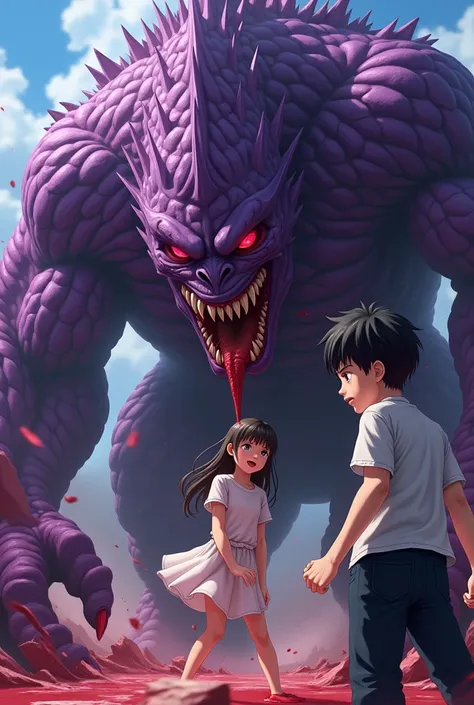 A giant purple monster kills a  by poking her in front of her brother 
 Anime and the  dies but his eyes are very angry at the death of his sister Anmi 