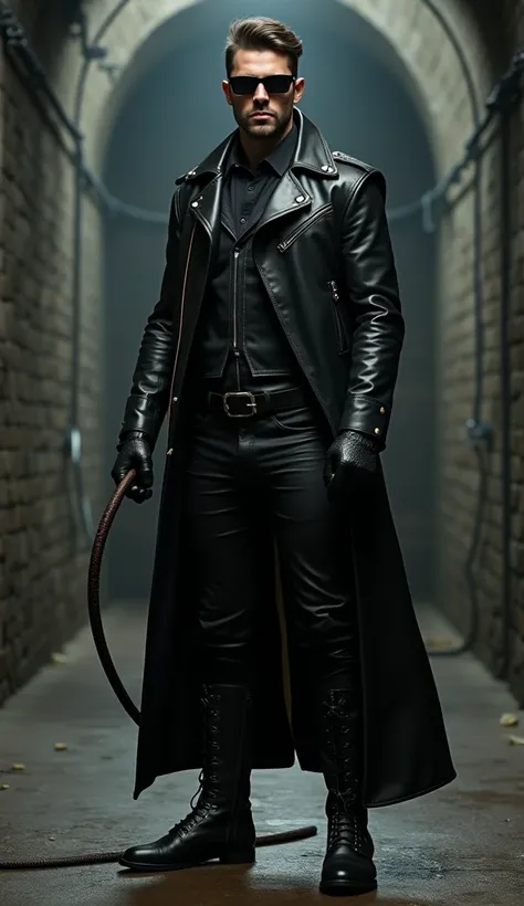 Gay Leather Master in black Leather, Leather Coat, Leather Pants, Leather Gloves, Sunglasses, Leather Shaft Boots, Whip in right Fist, Dungeon 