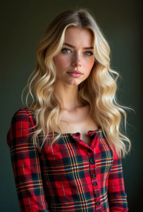 portrait of a cute blonde 18 years old, high-definition photograph of a strikingly beautiful woman in her prime, with blonde wavy hair cascading over her shoulders, dress made from tartan fabric, with a matching sash, tartan patterns iconic to Scotland, ve...