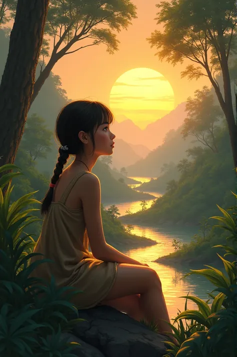  Create an image of a girl sitting with her back on one leg contemplating the beauty of the jungle and the.rivers and that the sunset can be seen on the horizon  
