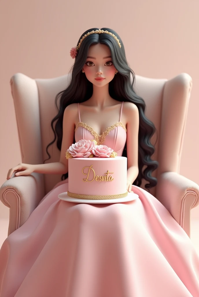  a girl 3D woman is sitting on a chair  "holding" birthday cake  " Luxurious" wear birthday fancy dress  " POLITELY CLOSED light pink ...long hair is colored  "black" dan memakai bando simple dan   birthday cake  berwarna pink muda dan di depan kue nya di ...