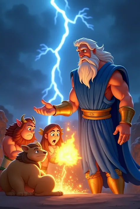 Zeus, now an adult dressed in a royal blue robe, extends his hand as magical light radiates from a potion he hands to Cronus. Cronus, with an expression of surprise and agony, begins to release Zeus’s siblings, who emerge surrounded by a golden glow. The s...