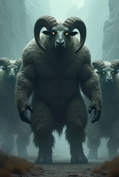 Sheep demonic humanoid creatures, their fur a dark, matted mess, their eyes glowing, massive horns curving outward like scythe blades, humanoid, 9ft tall big, buff, 3 of them