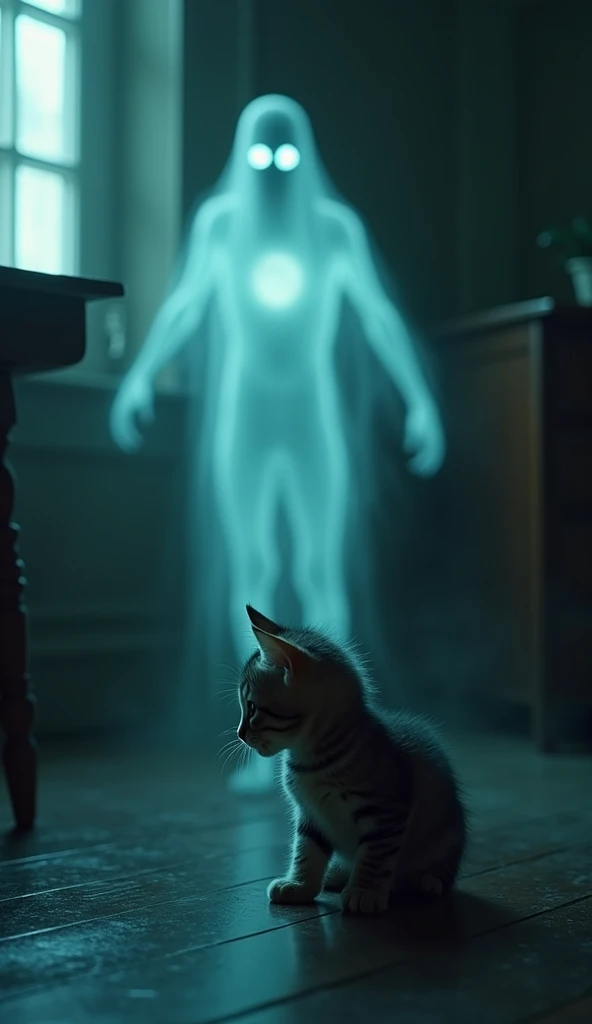 "A small tabby kitten with wide, terrified eyes crouches in a dark, moonlit room, staring at a translucent, human-shaped ghost with glowing white eyes floating in the corner."

