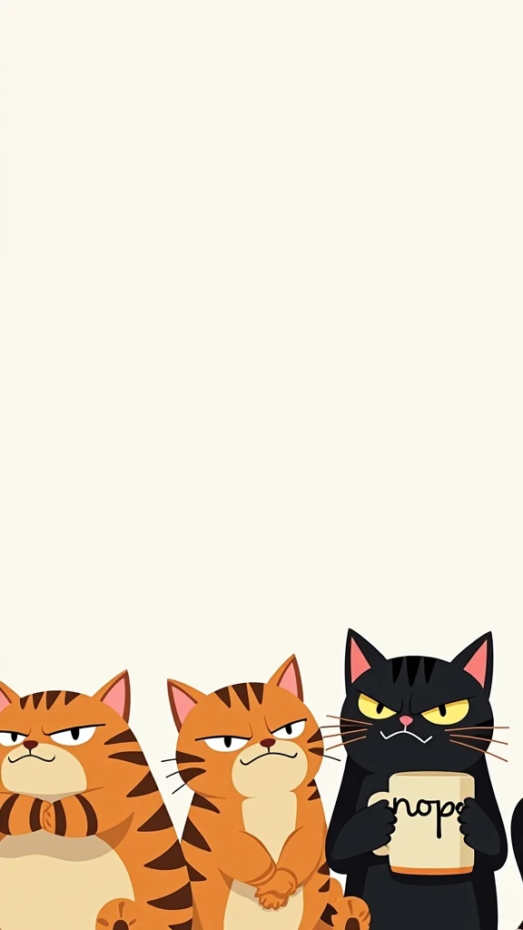 Three cartoon cats are arranged horizontally against a plain white background.  The cat on the left is orange with darker orange stripes, and appears to be overweight with its arms crossed. The middle cat is a similar orange tabby color. The cat on the rig...