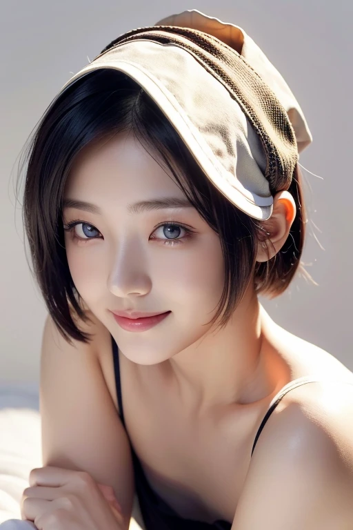 Young Japanese woman, 30s, white background, simple background, short bob hair, slender, 4K, 8K medium, high resolution, beautiful woman, beautiful eyes, simple, high resolution, alone, beautiful skin, beautiful skin, Smile, relax, 