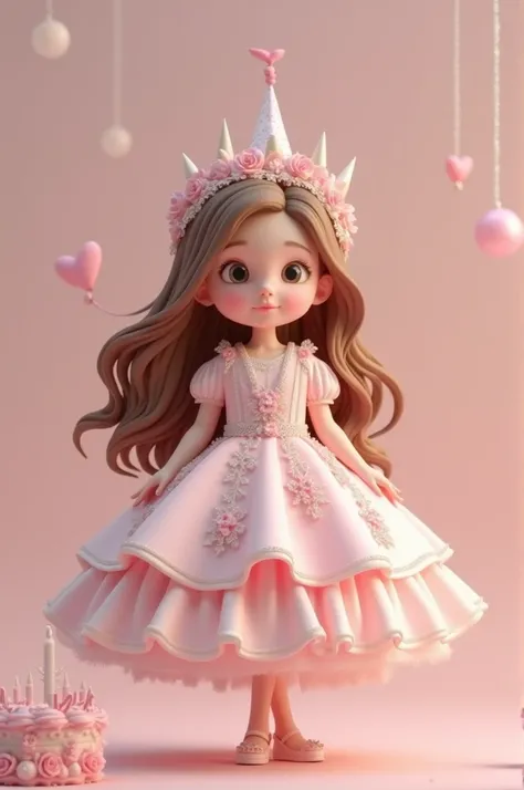  a 3D girl wears a light pink fancy dress with long hair and wears a simple bando and pulls a light pink birthday cake and on her cake is named "DESVITA "