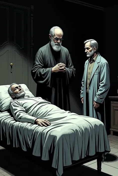 Create a comic, an old died priest  in bed while there are two people standing infront of the dead priest the  physician and the man 