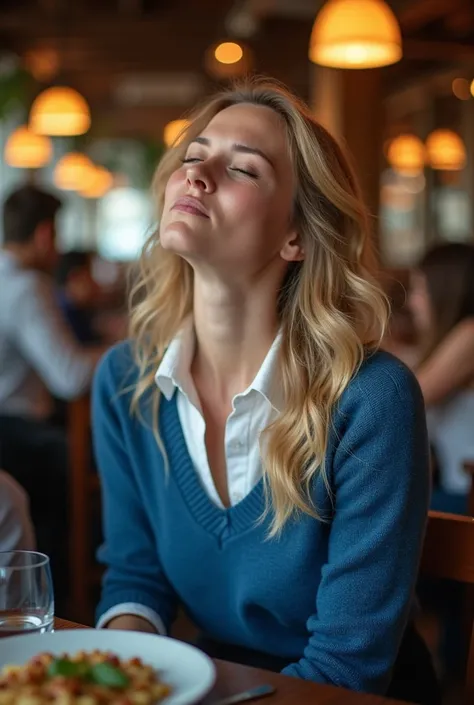  Beautiful Blonde Women ,  sitting at a restaurant table,   blue sweater over white shirt  ,   (( head back break screaming orgasm)) ,  sharp focus with eyes closed  ,  ( 8K Ultra HD :0.8),  ultra detailed ,  RAW amateur photo ,Face close-up,furrowed brow,...