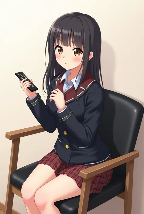 An anime-style illustration of a teenage girl sitting on a dining chair and backrest upholstered in black leather and wooden legs.  She wears a school uniform that includes a dark jacket and a plaid skirt ,  while holding a black television remote control ...