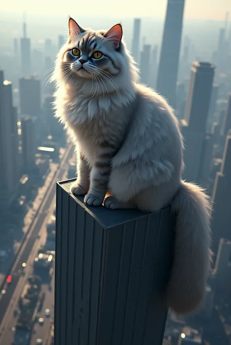 A large Persian cat is on top of a tall building 