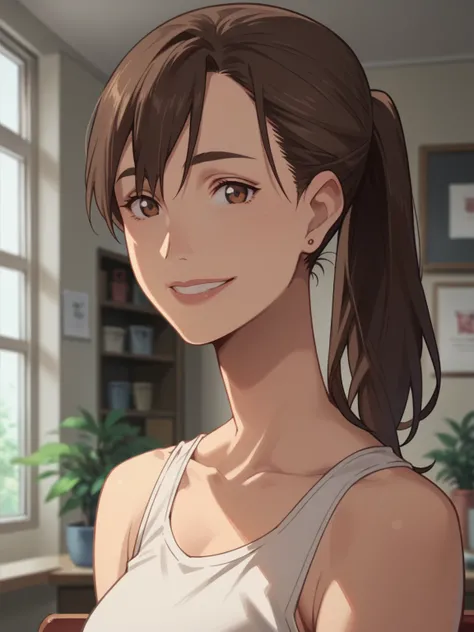 Mari,mature female,1girl,solo,brown hair,brown eyes,ponytail,earrings,tank top,upper body,looking at viewer,indoors,smile