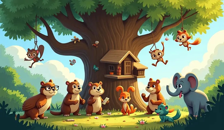 A lively illustration of the animal friends gathered around the damaged grand old tree in Whispering Woods, ready to assess the damage and plan their repair efforts. The scene is bright and cheerful, reflecting the new morning light that contrasts with the...